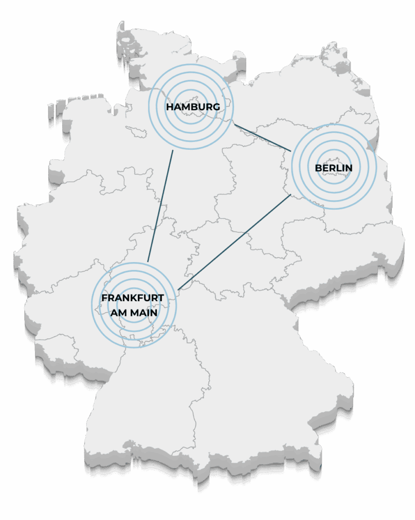 Deutschlandkarte mit drei Standorten: Frankfurt, Berlin, Hamburg